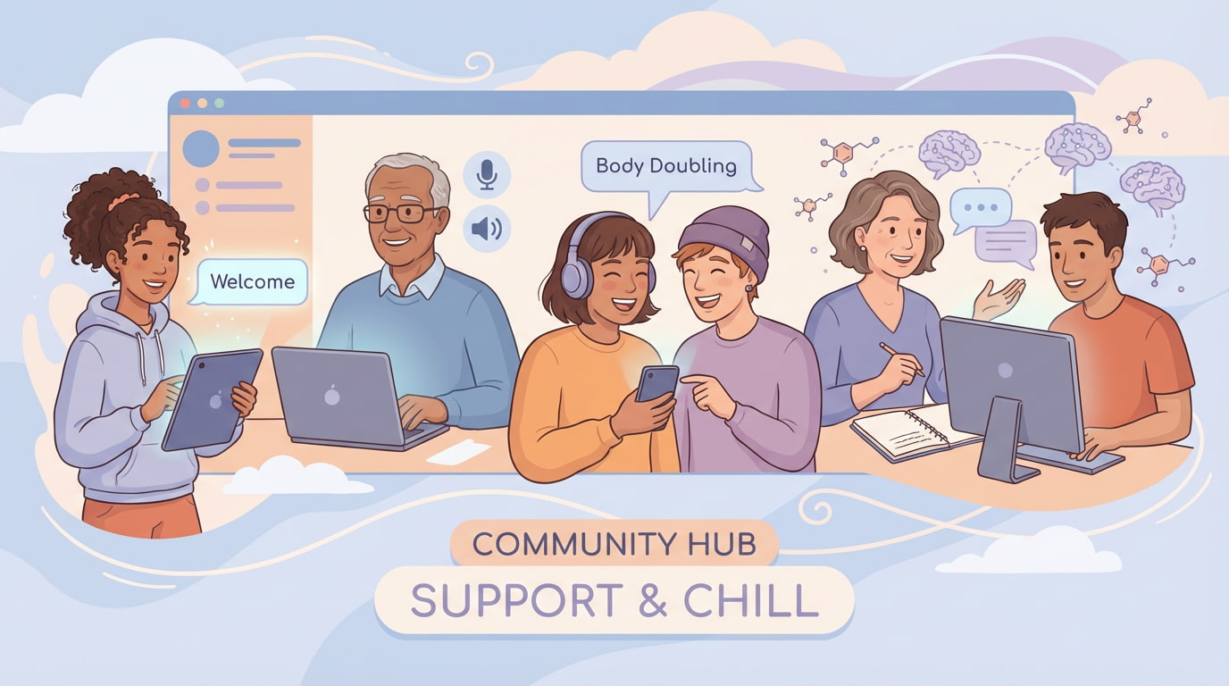 Diverse people connecting in ADHD Discord community with warm, supportive atmosphere