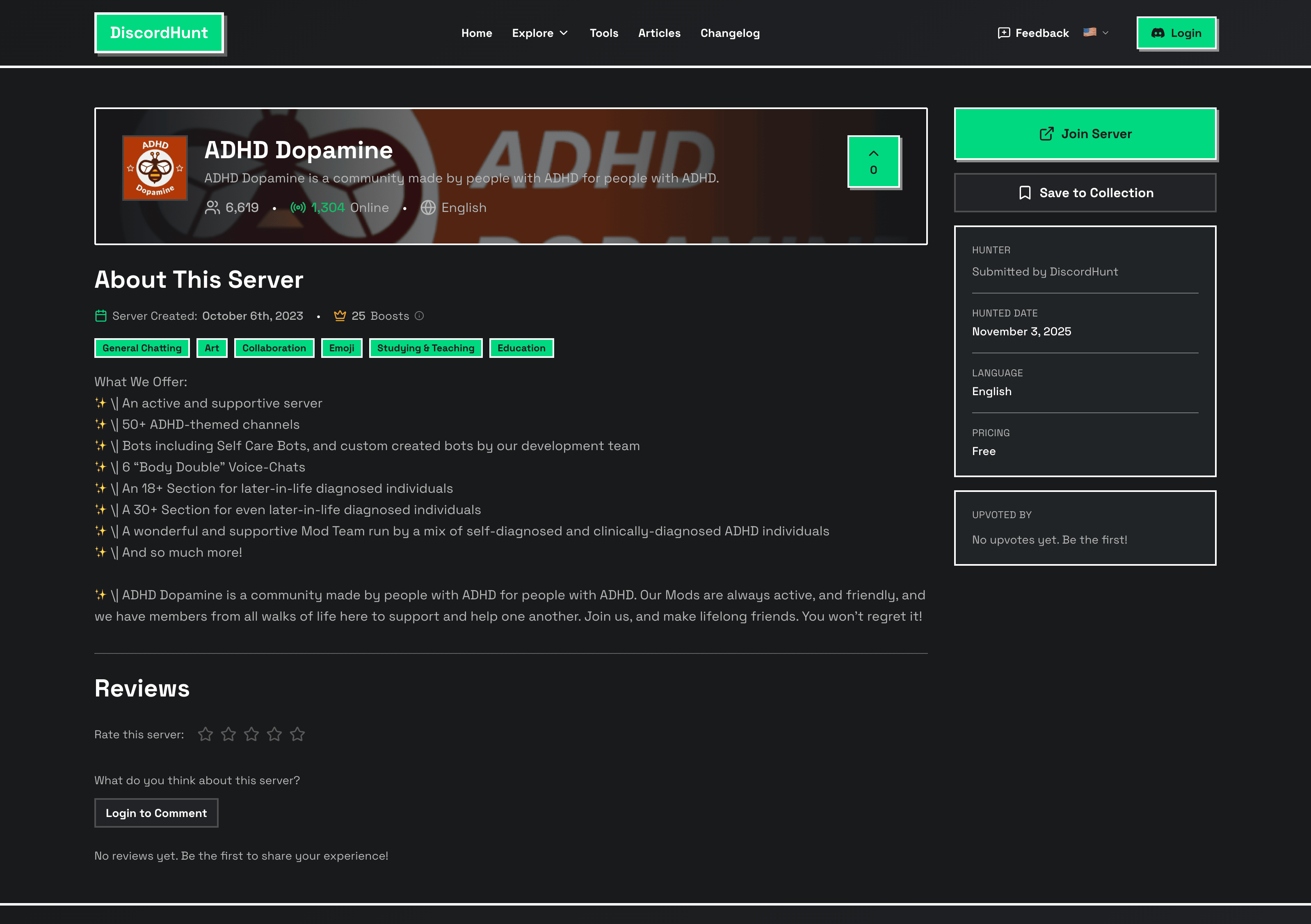 ADHD Dopamine Discord server showing 6,618 members, 1,302 online, with channels for general chatting, art, collaboration, studying & teaching, and education