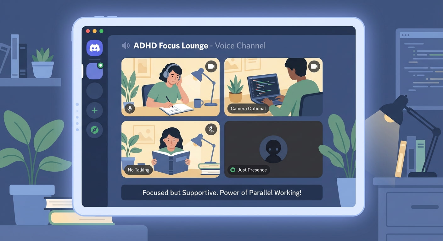 Discord body doubling session showing people working silently together with cameras optional and no talking required