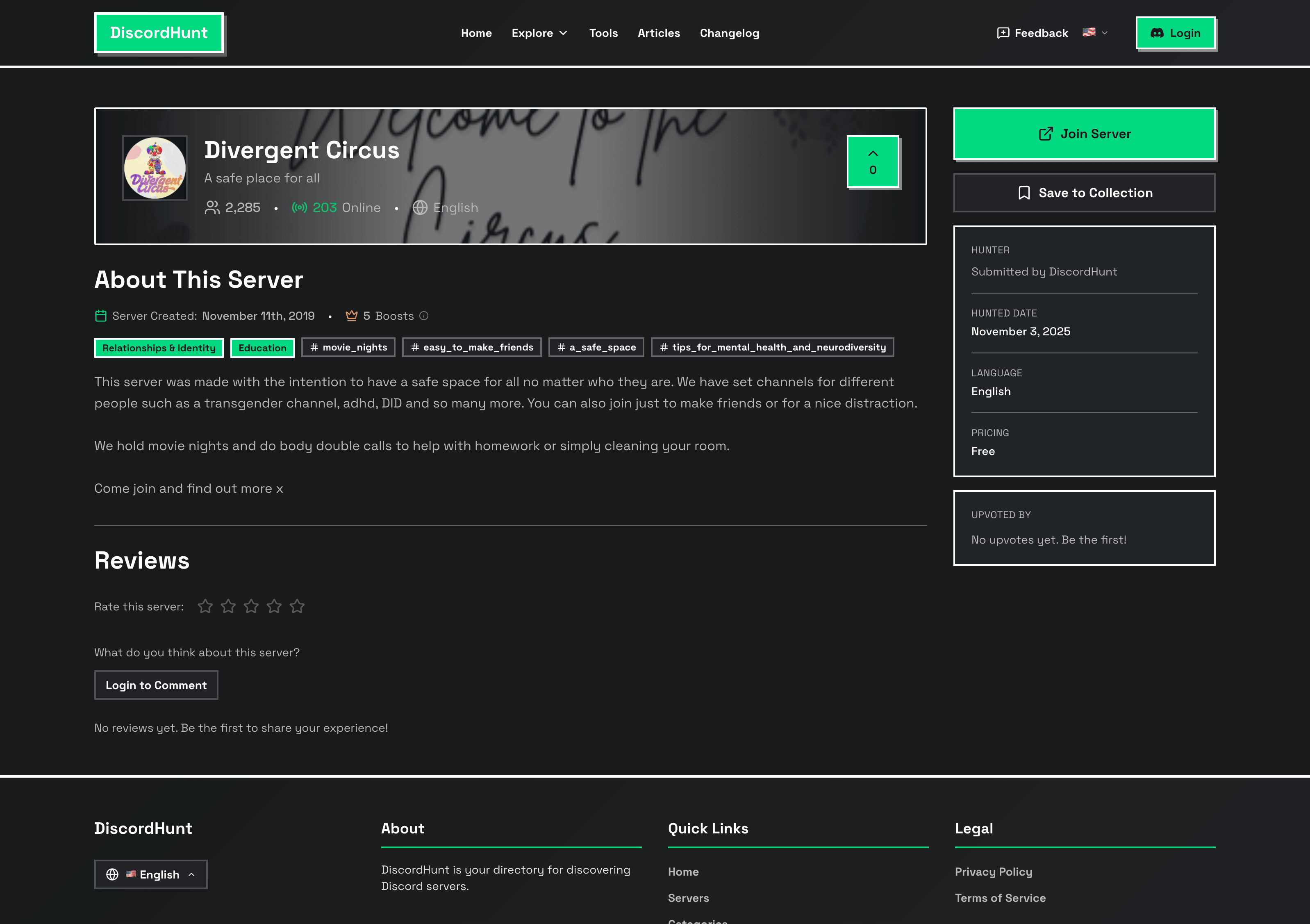 Divergent Circus Discord server showing 2,285 members, 176 online, a safe place for all with channels for relationships & identity, education, movie nights, easy to make friends, and mental health support