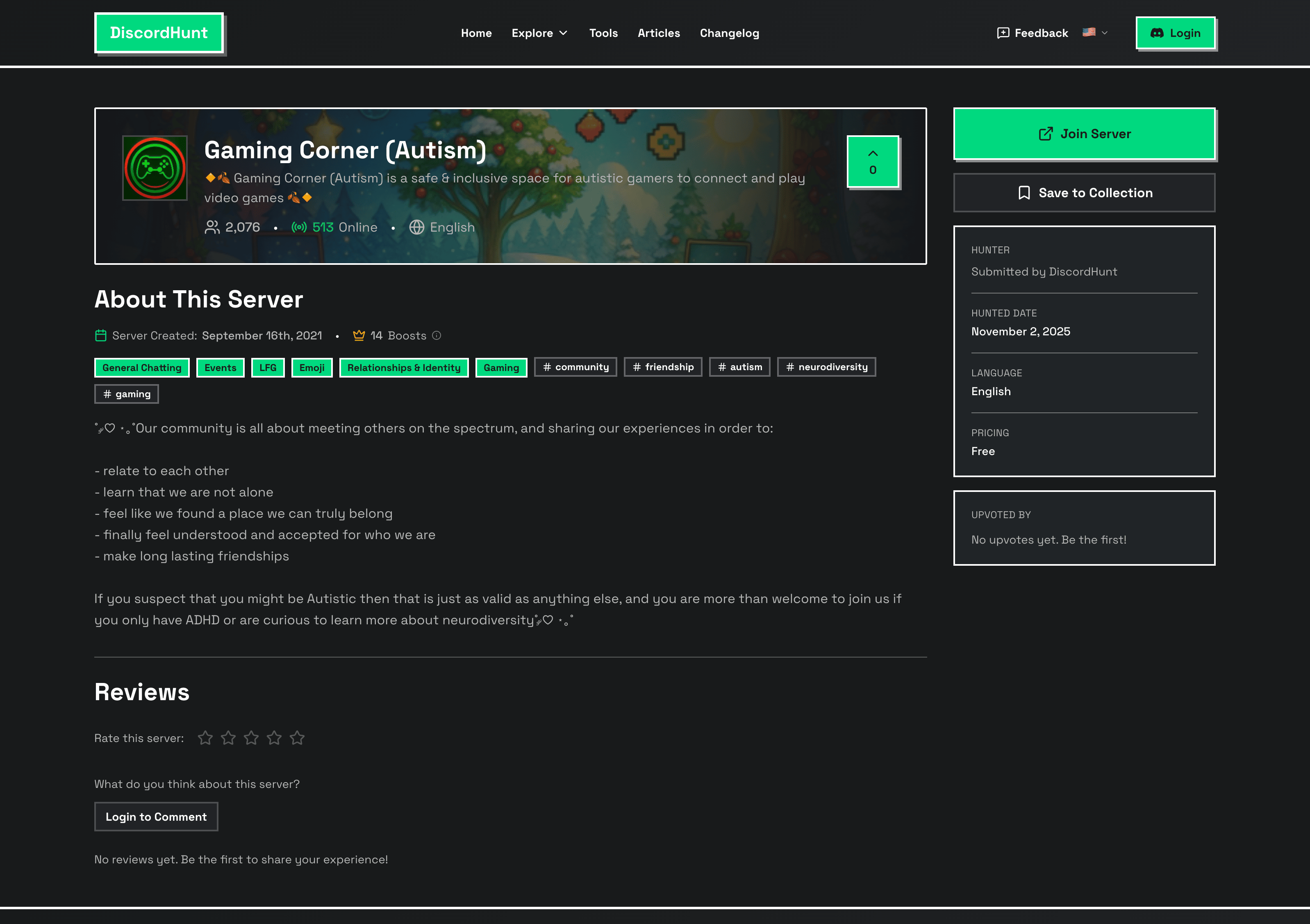 Gaming Corner (Autism) Discord server showing community features, member count, and tags for gaming, autism, neurodiversity, and friendship