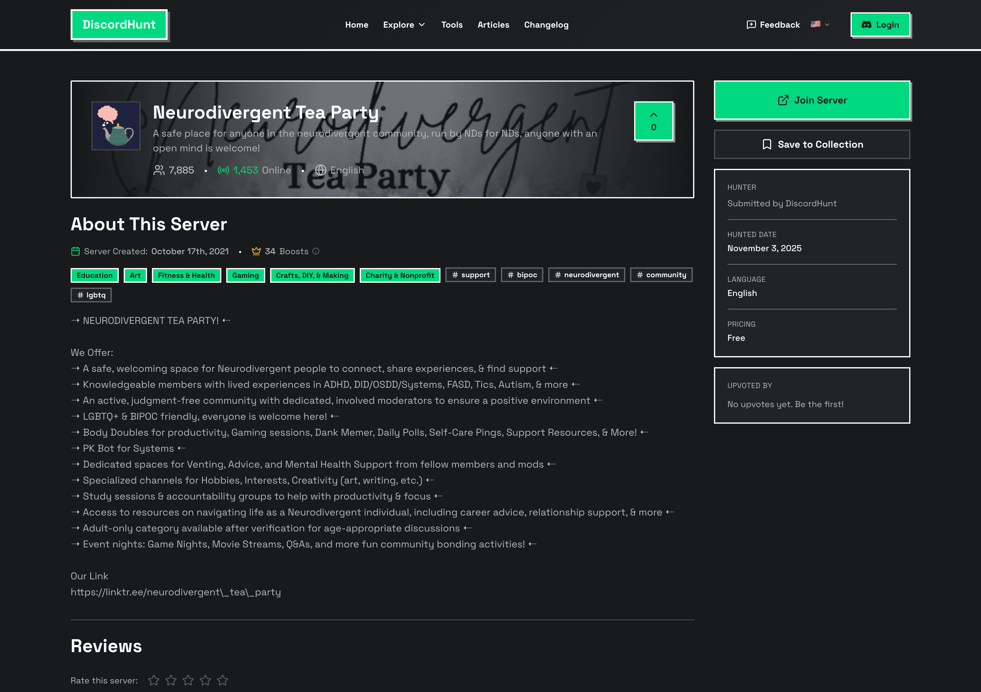 Neurodivergent Tea Party Discord server showing 7,884 members, 1,406 online, a safe place for neurodivergent community run by NDs for NDs, LGBTQ+ and BIPOC friendly