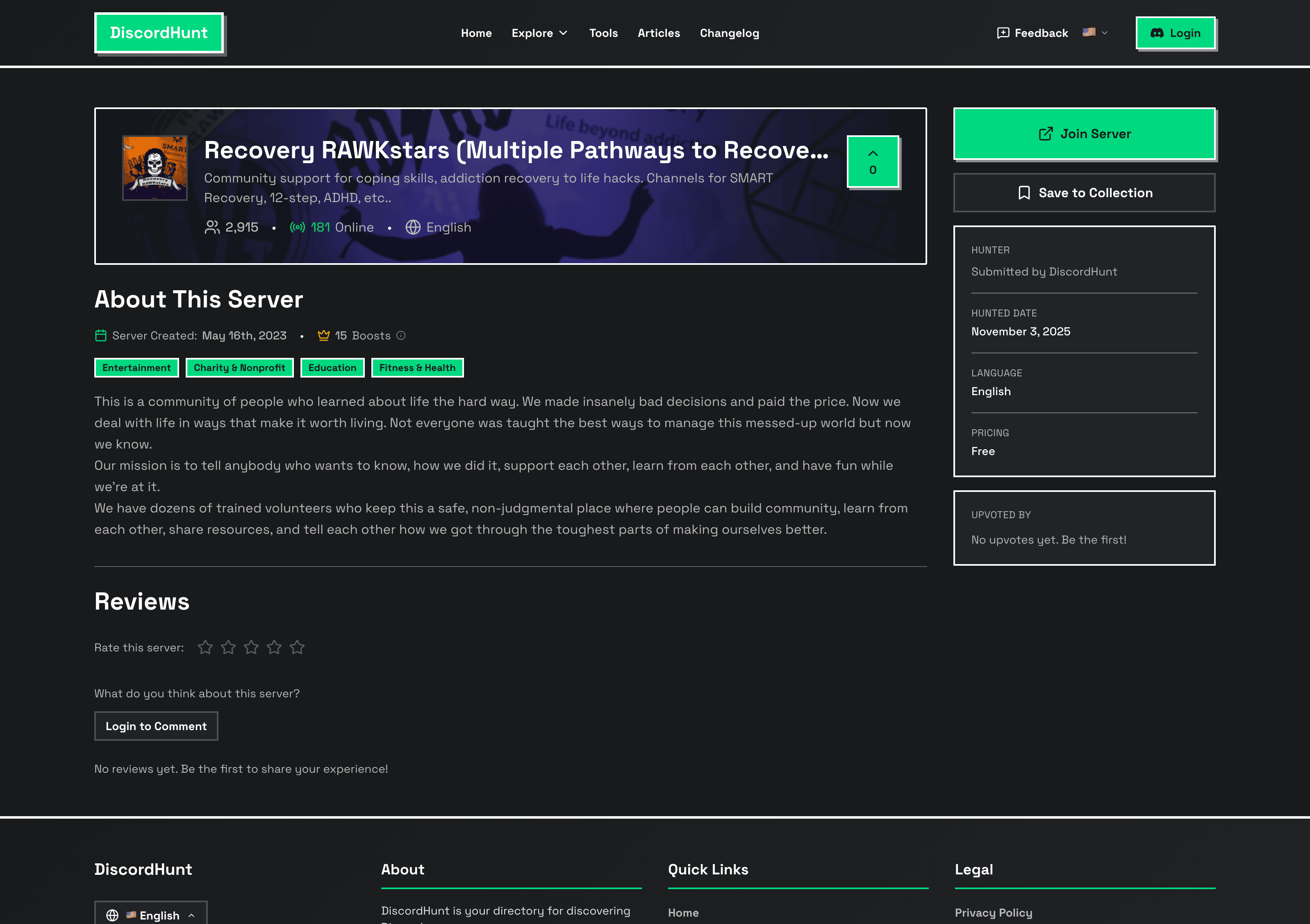 Recovery RAWKstars Discord server showing 2,915 members, 174 online, community support for addiction recovery with channels for SMART Recovery, 12-step, ADHD, and multiple pathways to recovery