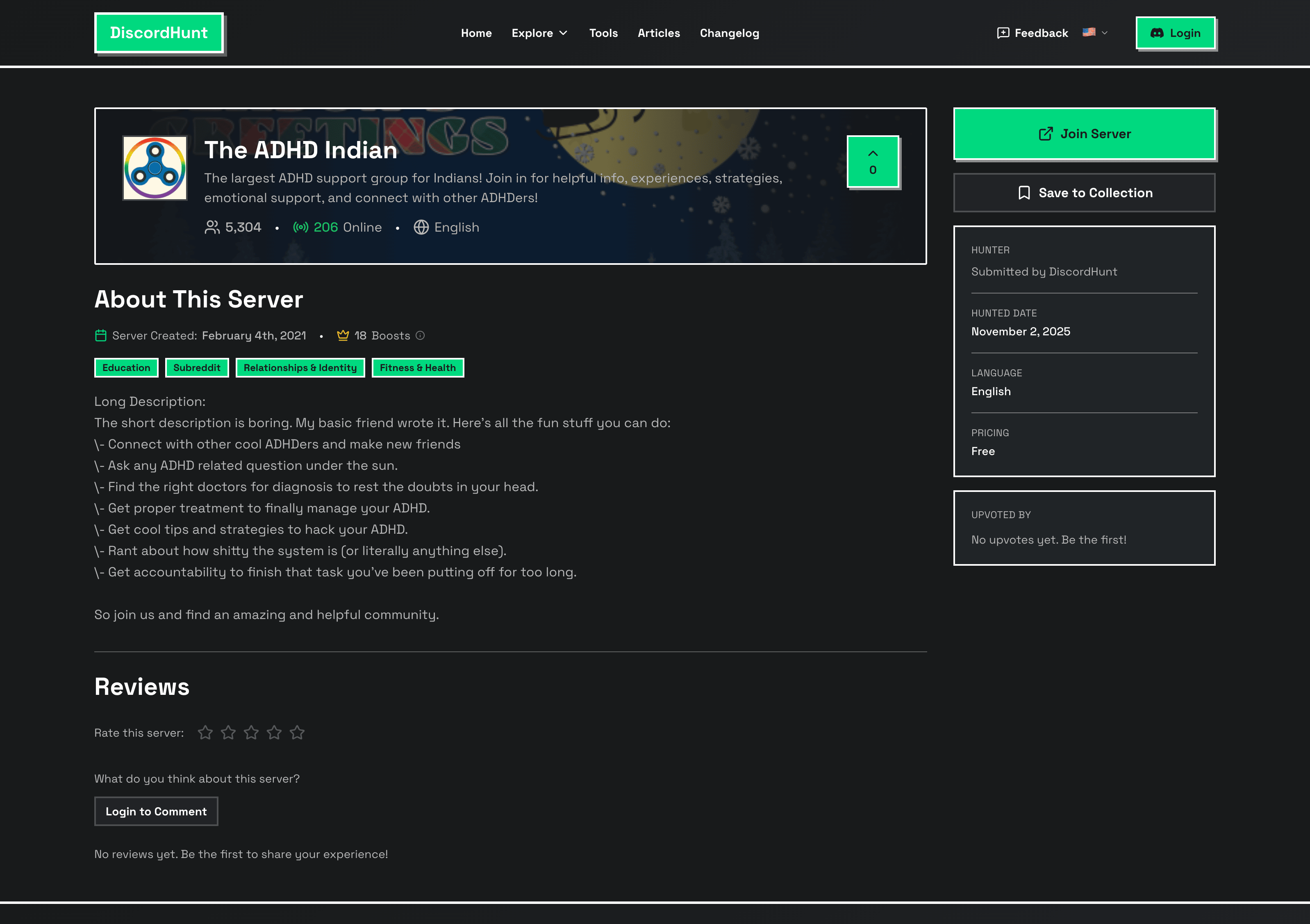 The ADHD Indian Discord server showing 5,305 members, 221 online, the largest ADHD support group for Indians with channels for education, relationships & identity, and fitness & health