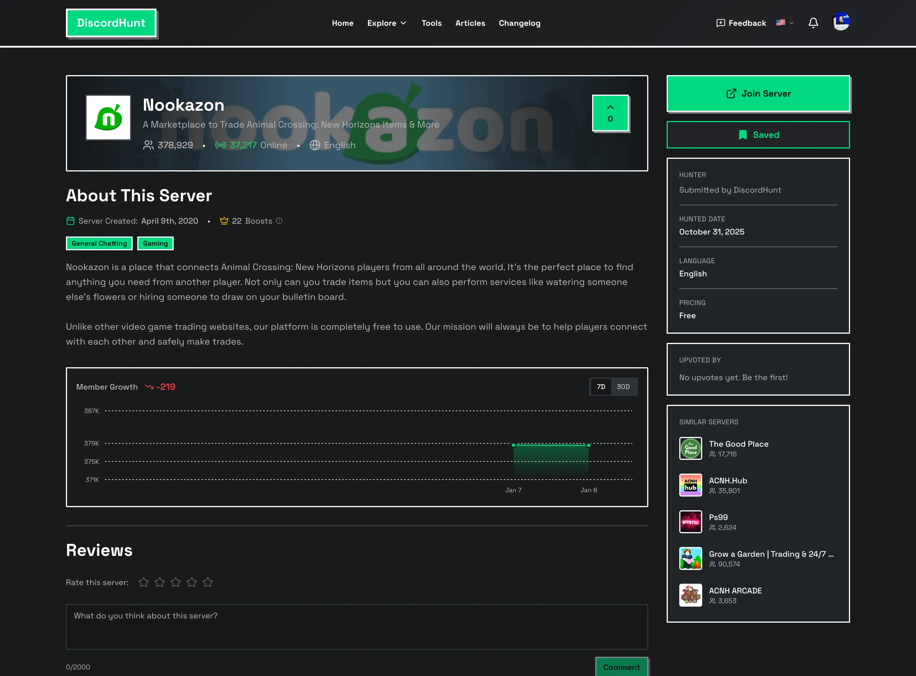 Nookazon ACNH trading Discord server with 378K members for item trades and catalog completion