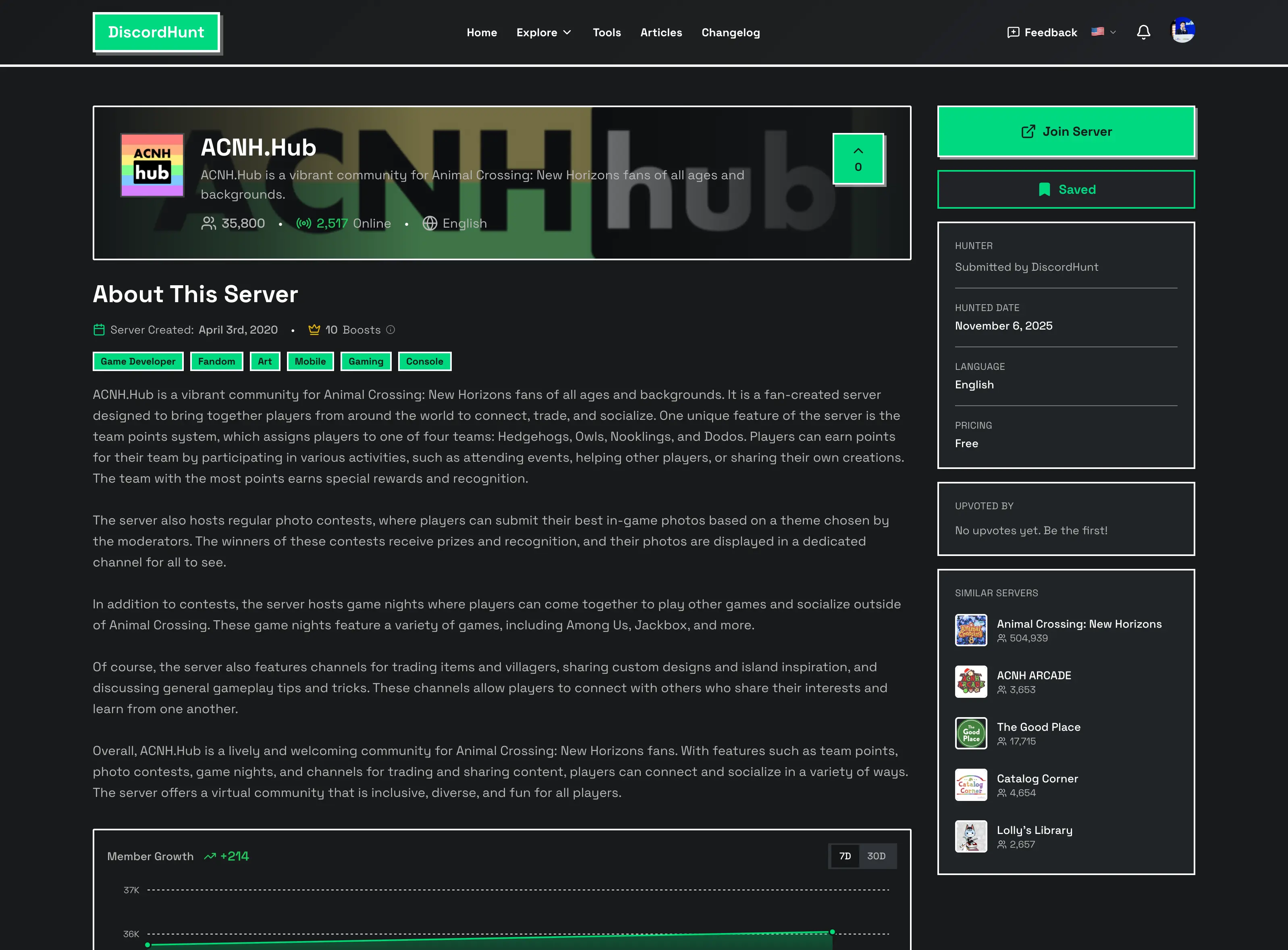 ACNH Hub Discord server with team-based gameplay system, 35K members, and high weekly growth
